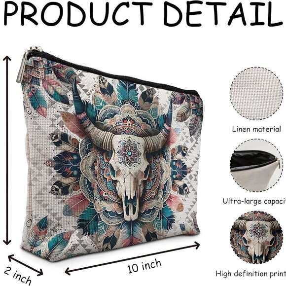 Boho Western Makeup Bag, Western Bull Skull Aztec Cosmetic Bag Toiletry Bag, Wes - Picture 5 of 5